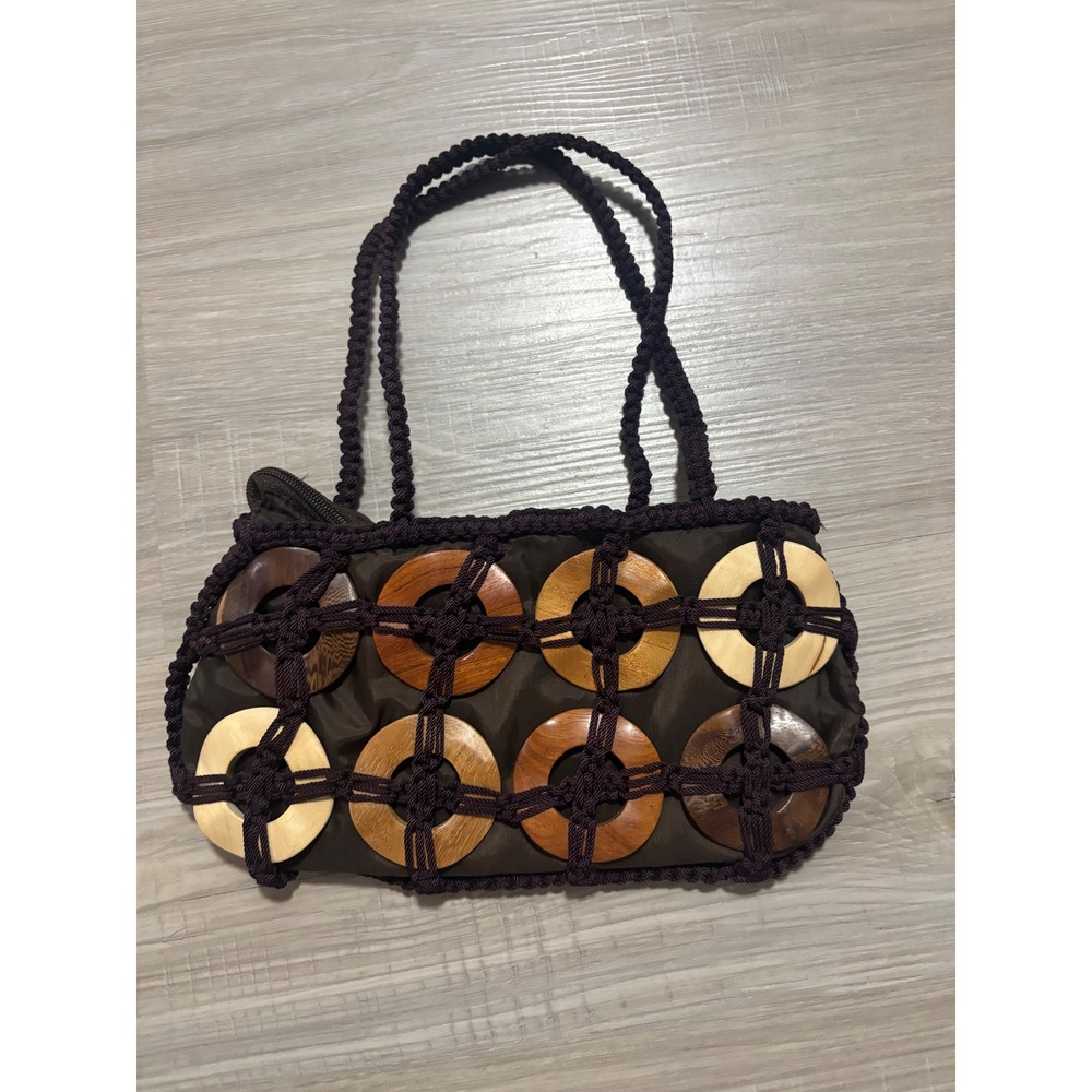 Vintage Brown Macrame Wood Ring Shoulder Bag Boho Artisan Handbag Small